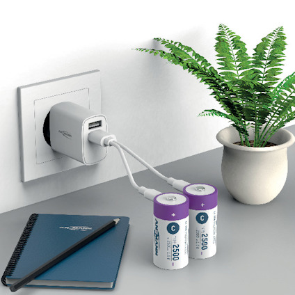 Vägguttag med USB-adapter som laddar två stora batterier. En krukväxt och en anteckningsbok med penna syns bredvid.