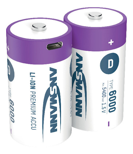 Två vita och lila D-batterier med texten "ANSMANN LI-ION PREMIUM ACCU TYPE 6000 Min. 5400 mAh 1.5V".