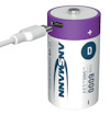 Batteri av typen D med USB-port för laddning, märkt "ANSMANN LI-ION PREMIUM ACCU 6000 mAh 1.5 V".