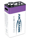 9V batteri med texten "ANSMANN LI-ION PREMIUM ACCU" och en symbol som varnar för att inte slänga i sopor.