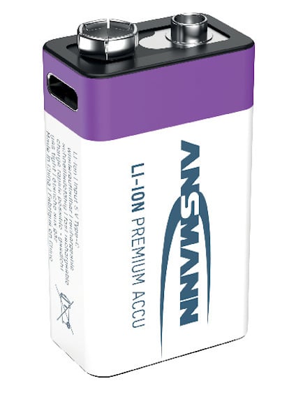 9V batteri med texten "ANSMANN LI-ION PREMIUM ACCU" och en symbol som varnar för att inte slänga i sopor.