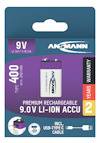 Förpackning för ANSMANN 9V Li-Ion batteri, 400 mAh, med 2 års garanti och USB-C kabel inkluderad.