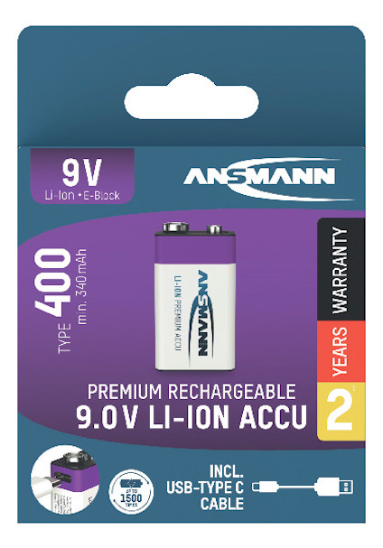 Förpackning för ANSMANN 9V Li-Ion batteri, 400 mAh, med 2 års garanti och USB-C kabel inkluderad.