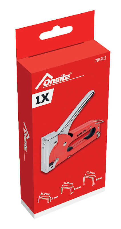 Röd förpackning med en häftpistol och texten "Onsite" samt "1X". Visar tre sorters klamrar och deras mått.