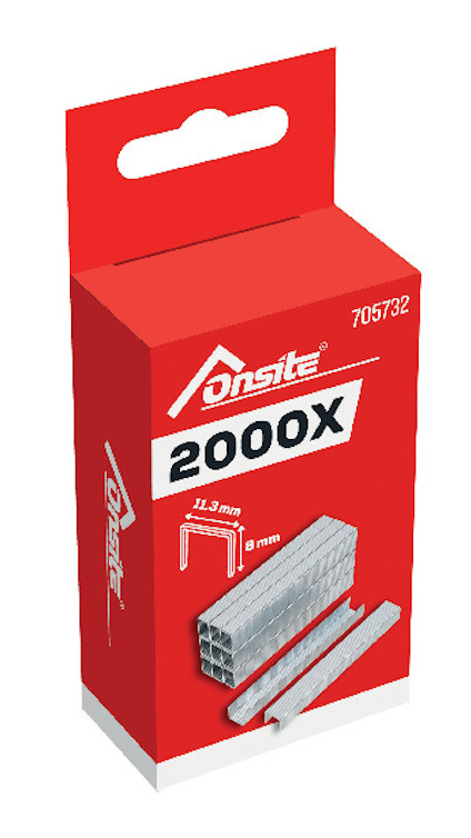 Röd förpackning med texten "Onsite 2000X". Visar bild av häftklamrar, mått 11,3 mm och 8 mm, artikelnummer 705732.