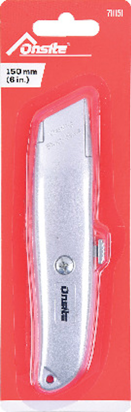 Silvrig hantverkskniv i röd förpackning märkt "Onsite 71151", 150 mm (6 in.).