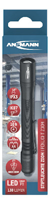 Förpackning för ficklampa med märket "ANSMANN", specifikationer inkluderar IPX3, IK07, 130 lumen och en brinntid på 10h.