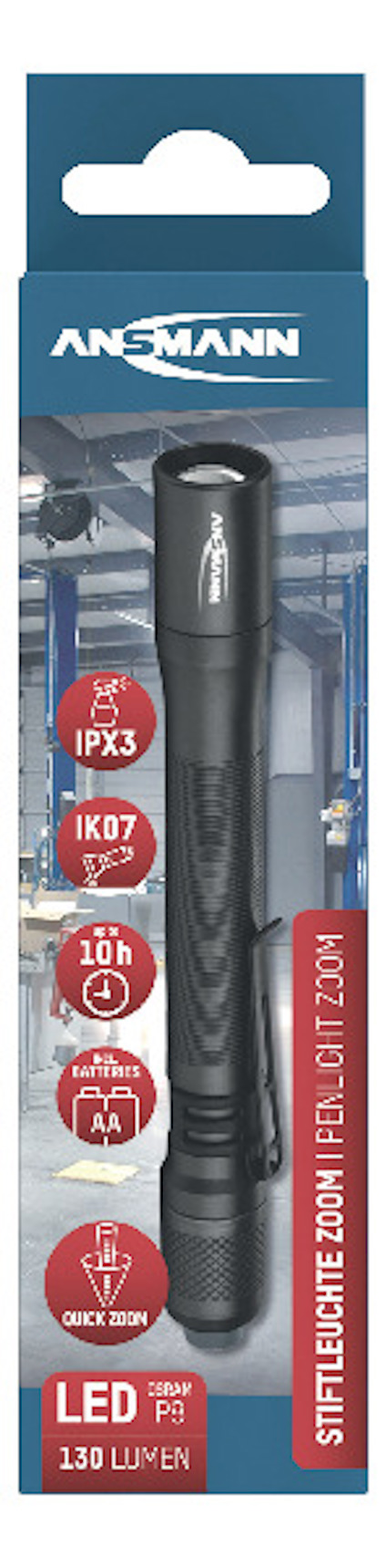 Förpackning för ficklampa med märket "ANSMANN", specifikationer inkluderar IPX3, IK07, 130 lumen och en brinntid på 10h.