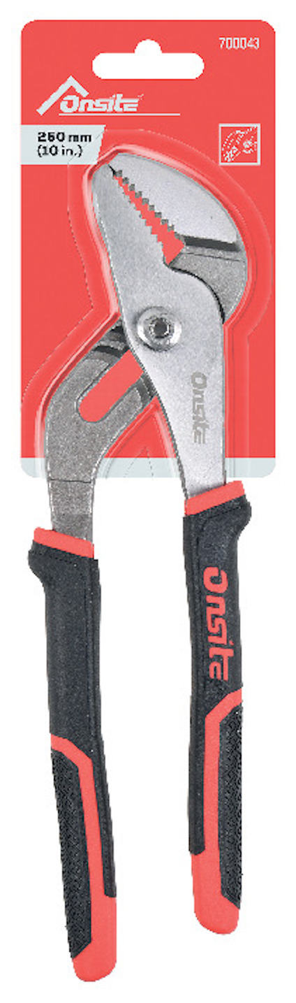 Polygrip-tång med röd och svart handtag, förpackad på ett rött pappkort med texten "Onsight" och "250 mm (10'')".