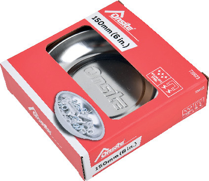 Röd kartong med ett runt metallföremål inuti, tryckt text: "150 mm (6 in.)" och logotyp: "Onsite".