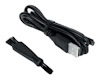 Svart USB-kabel med en liten borste bredvid den.