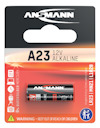 A23 12V alkaline battery in packaging with brand Ansmann, warning label: "Keep out of reach of children".
