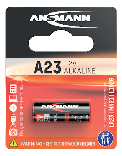 A23 12V alkaline battery in packaging with brand Ansmann, warning label: "Keep out of reach of children".