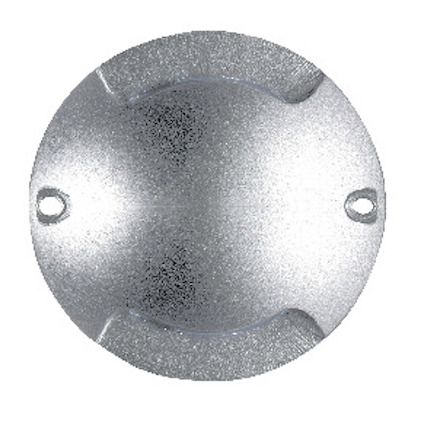Rund, metallic skiva med två hål nära kanten, strukturerad yta.