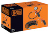 Kartong med BLACK+DECKER Kit 6, visar kompressorverktyg, slang, och tryckmätare.
