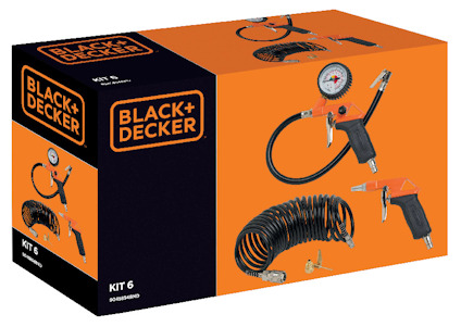 Kartong med BLACK+DECKER Kit 6, visar kompressorverktyg, slang, och tryckmätare.