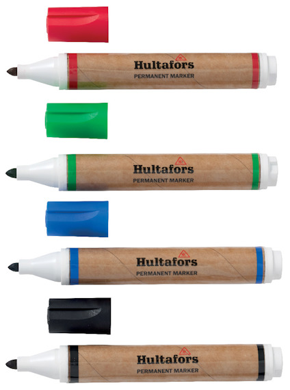 Fyra permanenta markörer med röda, gröna, blå och svarta korkar, märkta "Hultafors".