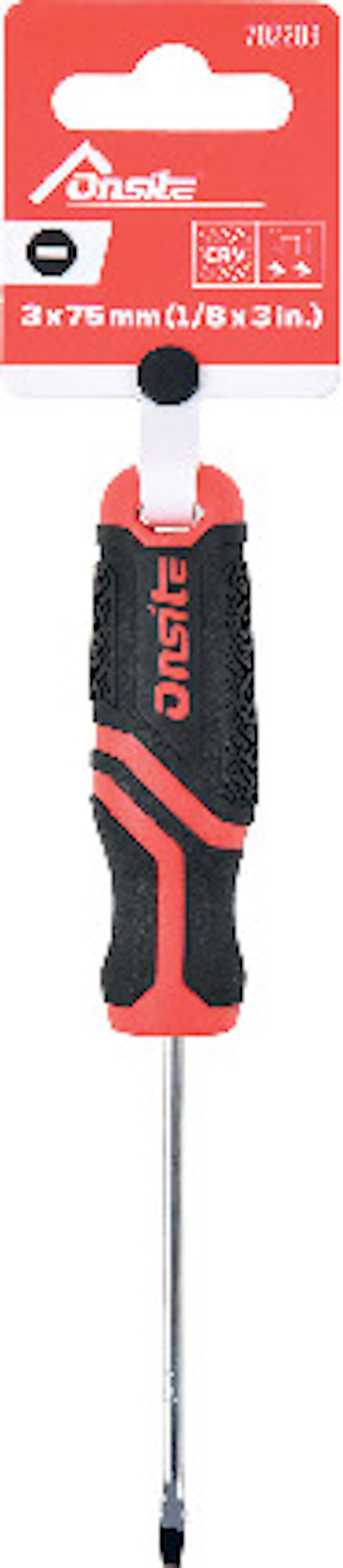 Skruvmejsel med svart och rött handtag, märkt "Onsite 3 x 75 mm (1/8 x 3 in.)".