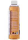 Flaska med orange vätska och vit kork. Innehåller dansk och svensk text om produktens användning och säkerhet.