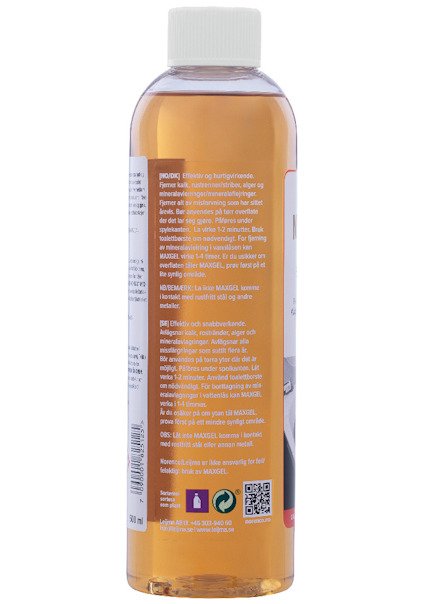 Flaska med orange vätska och vit kork. Innehåller dansk och svensk text om produktens användning och säkerhet.