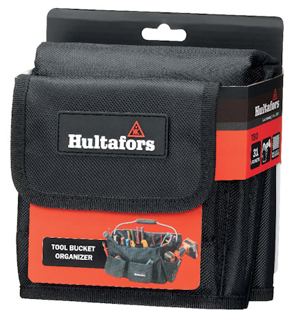 Svart verktygsväska från Hultafors med etikett "Tool Bucket Organizer" och en bild av verktyg.