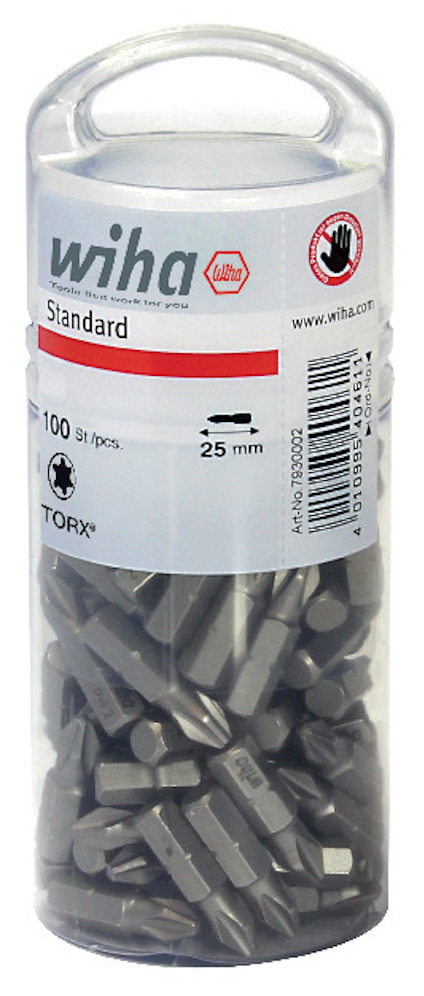 Plastburk med 100 Torx-bits, 25 mm, märkta "Wiha Standard".