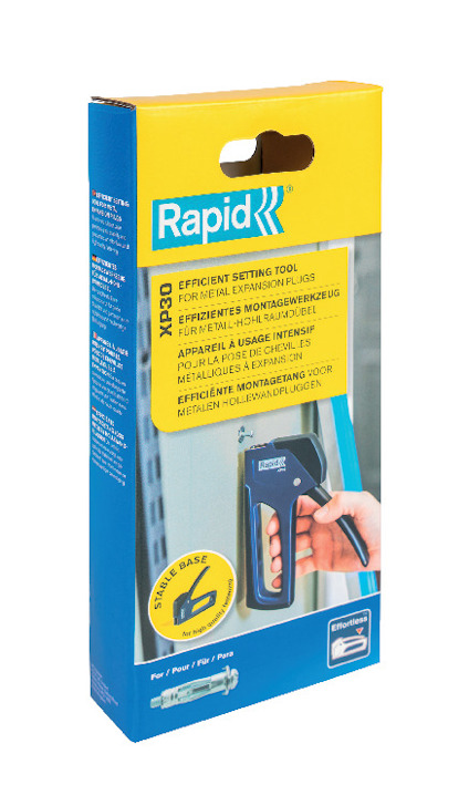 Förpackning för Rapid XP3D monteringsverktyg, gul och blå design, visar verktyget i användning. Texter på flera språk.
