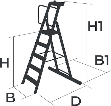 Stege med måttangivelser: H, H1, B, B1, D.