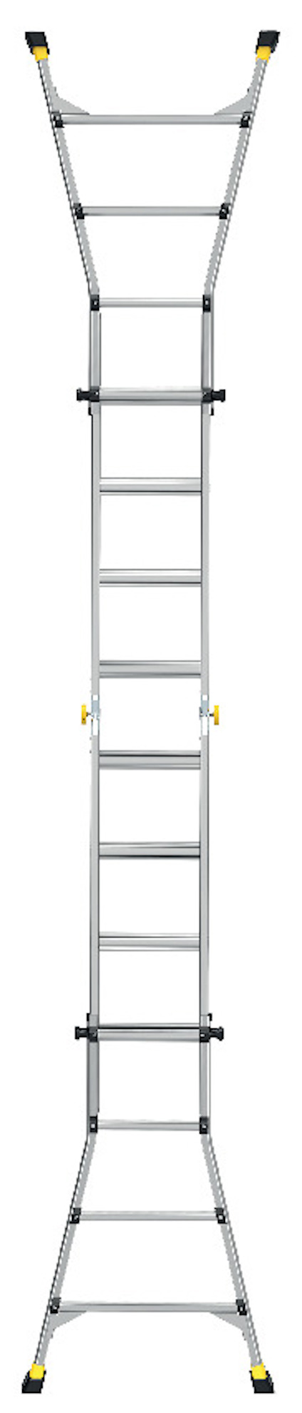 Stege av aluminium, med flera steg, utformad för stabilitet, med svarta och gula detaljer på fötterna.