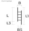 Ritning av en utrymningstege med markeringar för mått: L, L3, B, B5, L1. Text: "Utrymningstege".
