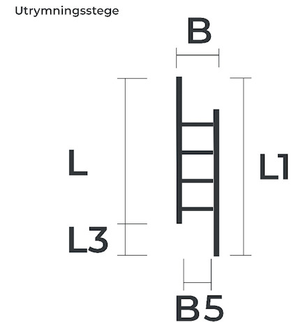 Ritning av en utrymningstege med markeringar för mått: L, L3, B, B5, L1. Text: "Utrymningstege".