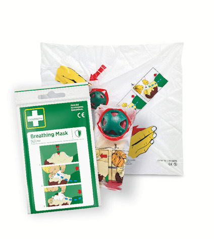 Förpackning med en andningsmask med illustrationer och instruktioner i färg.