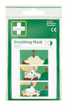 Förpackning med Cederroth andningsmask, instruktioner med bilder steg för steg och texten "First Aid for everyone. Everywhere."