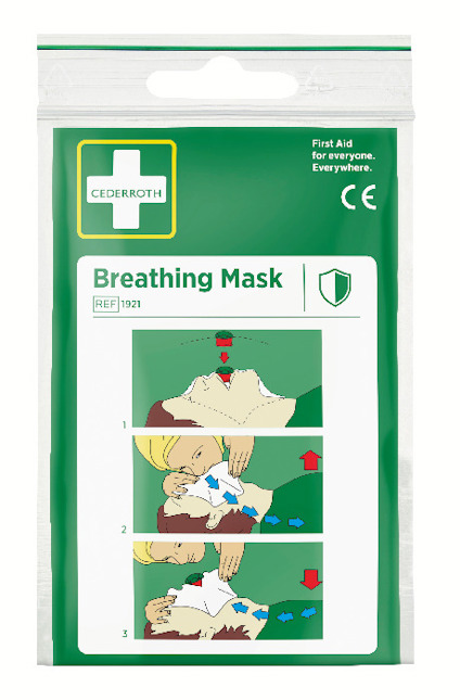 Förpackning med Cederroth andningsmask, instruktioner med bilder steg för steg och texten "First Aid for everyone. Everywhere."