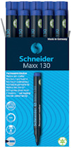 Åtta blå Schneider Maxx 130 permanenta märkpennor i en förpackning.