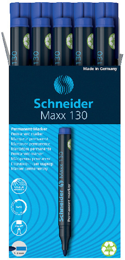 Åtta blå Schneider Maxx 130 permanenta märkpennor i en förpackning.