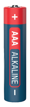 AAA alkaliskt batteri med röd topp, märkt med "+" och "-". Blå kropp med texten "AAA ALKALINE".