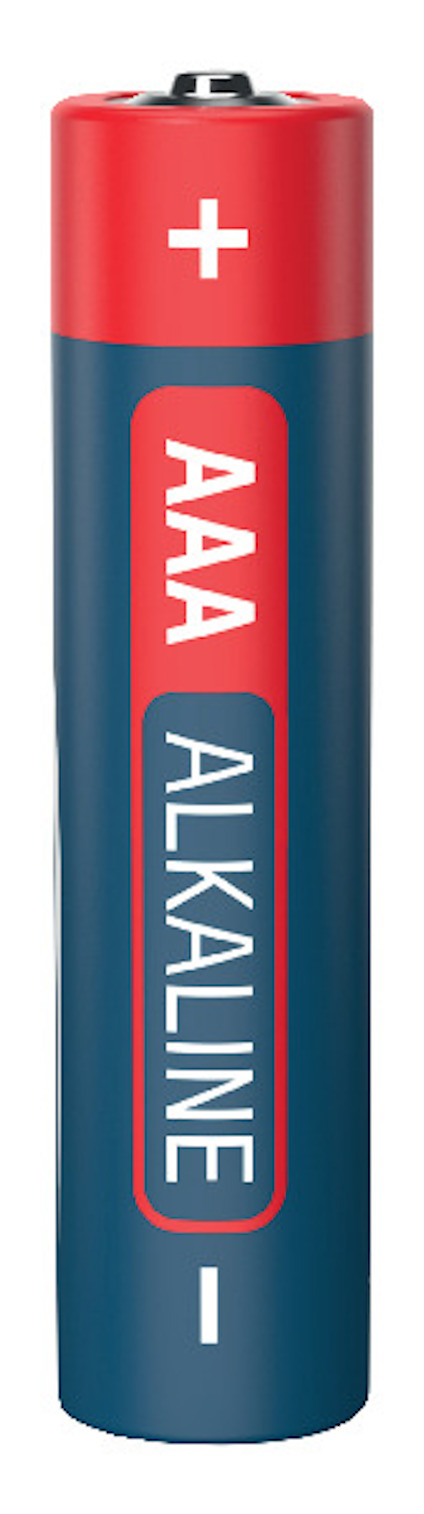 AAA alkaliskt batteri med röd topp, märkt med "+" och "-". Blå kropp med texten "AAA ALKALINE".