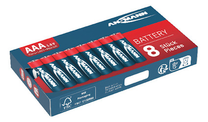 Förpackning med åtta AAA-batterier, 1.5V, märkt Ansmann.