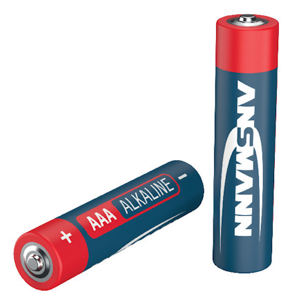 Två AAA-alkalibatterier, ett stående och ett liggande, med texten "AAA ALKALINE" och "ANSWANN".