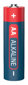 AA-batteri i röd och blå med texten "AA ALKALINE" och plus- och minusmarkeringar.