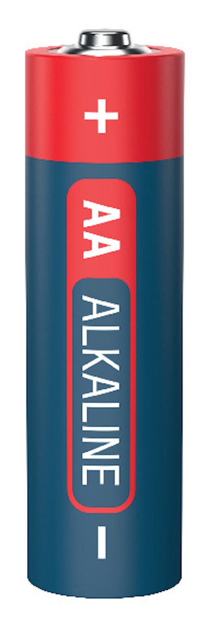 AA-batteri i röd och blå med texten "AA ALKALINE" och plus- och minusmarkeringar.