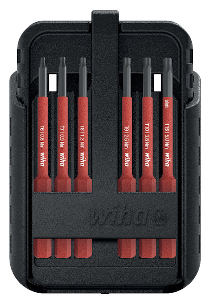 Svart och röd uppsättning av Wiha Torx-skruvbits i hållare, med storlekar markerade från T6 till T15.