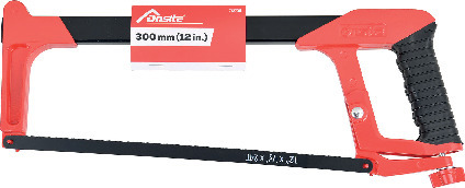 Röd bågfil med svart blad, märkning "Onsitä" och "300 mm (12 in.)".