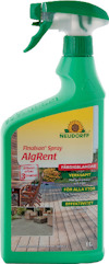 Sprayflaska med grön etikett "Finalsan Spray AlgRent" från Neudorff, för rengöring av utomhusytor.