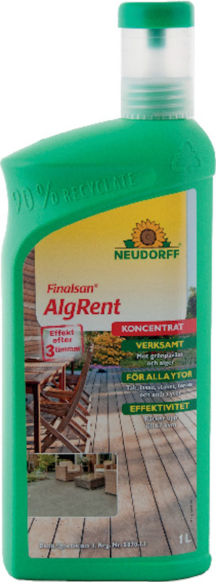 Grön flaska med Neudorff Finalsan AlgRent, text om effektivt mot alger, för alla ytor, 1 liter.