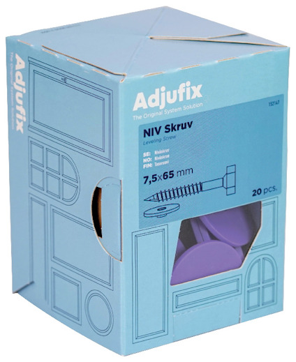 Blå kartong med tryckt text "Adjufix", innehåller 20 st 7,5x65 mm justerskruvar.