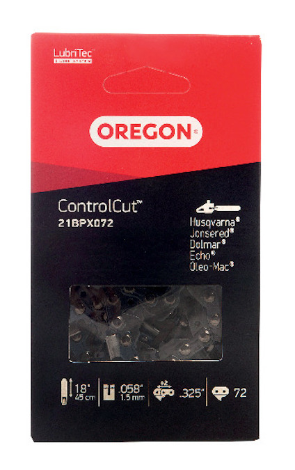 Förpackning märkt "Oregon ControlCut 21BPX072" med sågkedja för 45 cm svärd, 1,5 mm spår, .325" delning, 72 länkar.