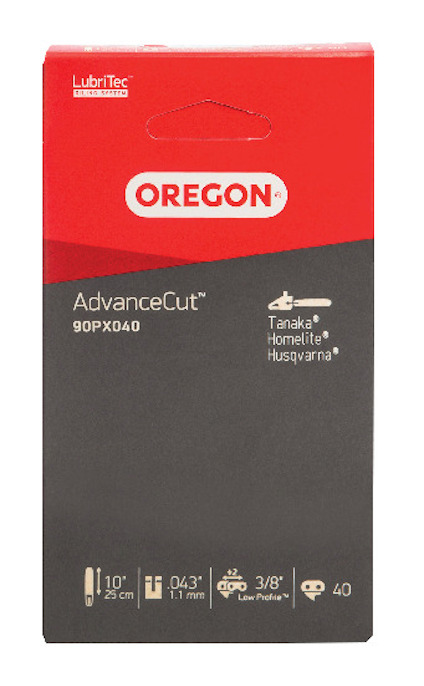 Röd och grå förpackning för Oregon AdvanceCut 90PX040 med specifikationer för 10" 25 cm, 0.43" 1.1 mm, och 3/8" Low Profile kedja.