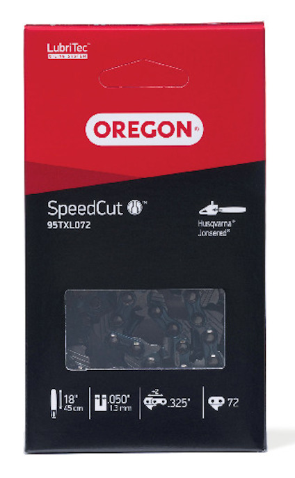 Förpackning med OREGON SpeedCut kedjesågskedja, modell 95TXL072, för 18" svärd. Anpassad för Husqvarna och Jonsered.
